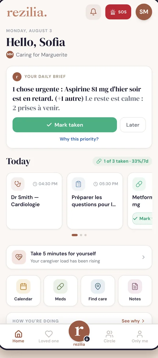 The Rezilia home screen, with the daily brief and today’s schedule