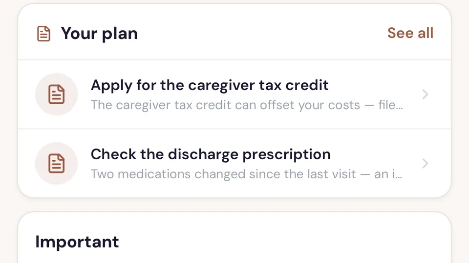 The Rezilia care plan for a loved one, with the next steps listed