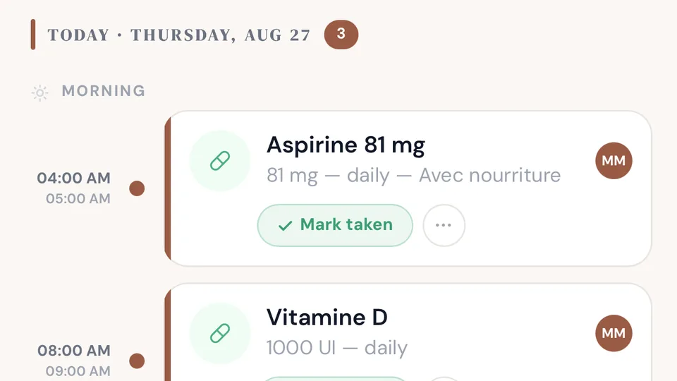 The Rezilia shared calendar showing today’s medications and who is in charge