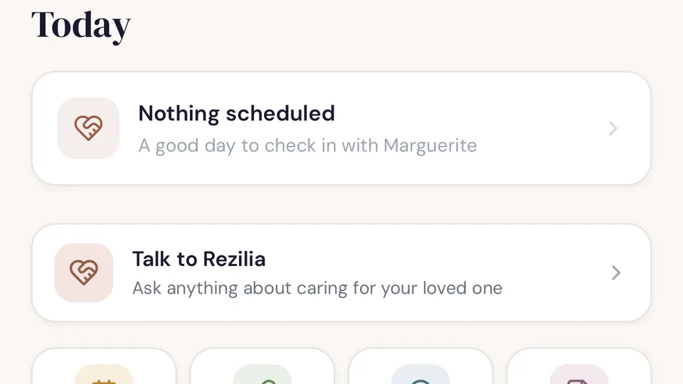 The Rezilia home screen showing today’s schedule and shortcuts to the calendar, medications and notes