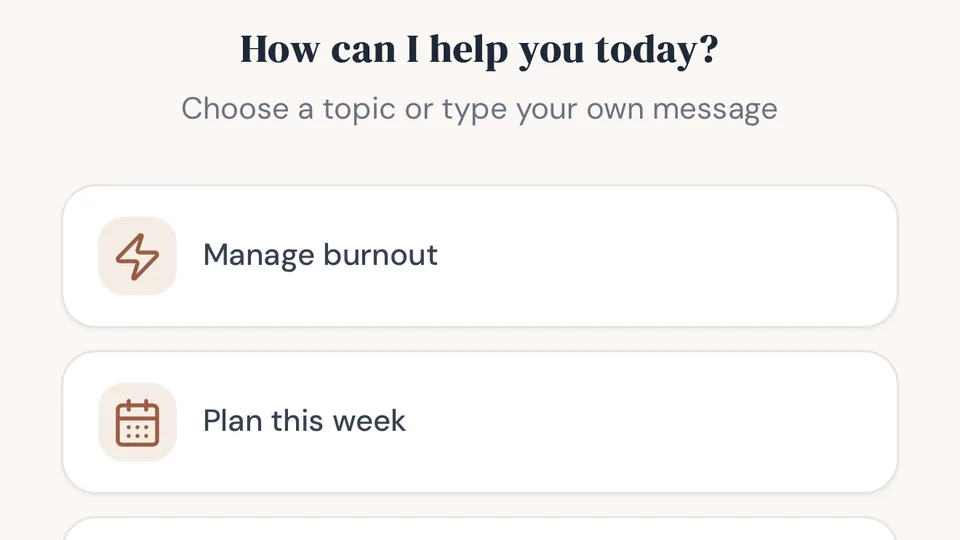 The Ask Rezilia screen offering topics such as planning the week or preparing a doctor’s visit