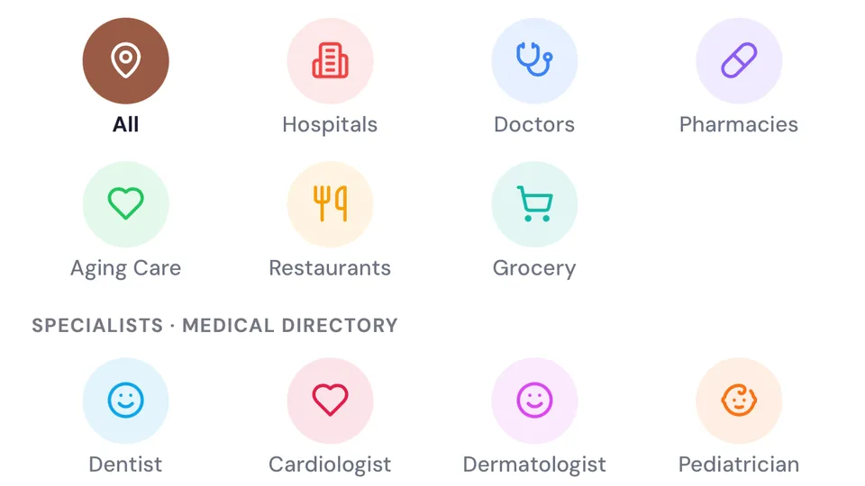 The Find care screen in Rezilia listing nearby places and specialists